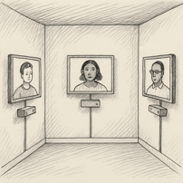 Three framed portraits on each wall of a room